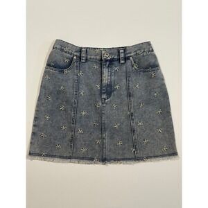 Blue Denim Bow Embroidered Mini Skirt Frayed Hem Womens‎ Size M